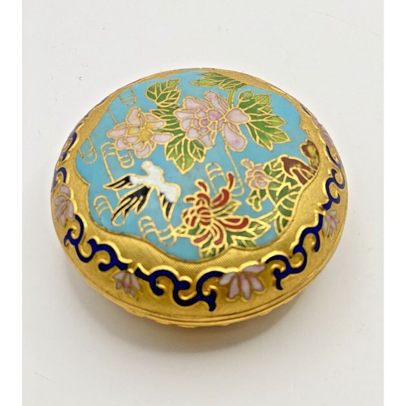 Vintage Cloisonné Gold Bird Floral Flowers Lidded Trinket Box Dish Used - Picture 3 of 12